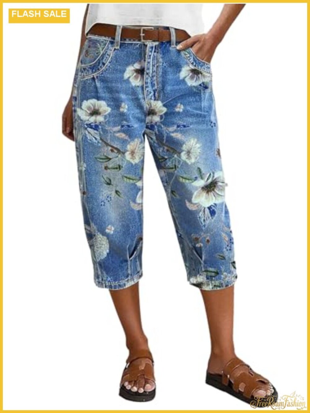 High Waist Straight Leg Capri Floral Pattern Jeans Women Denim